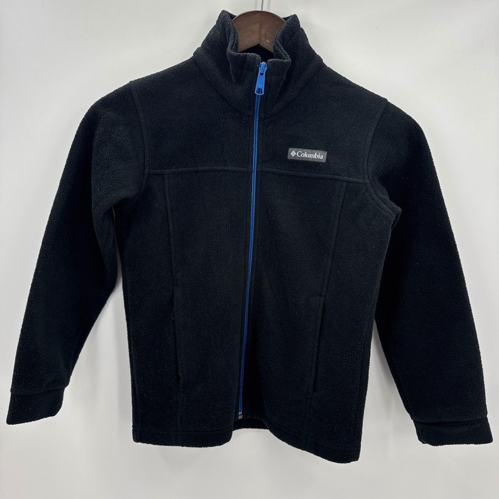 Columbia Fleece Jacket Boys Small (8) Black Mock Neck Patch Logo Outdoor Zip Up